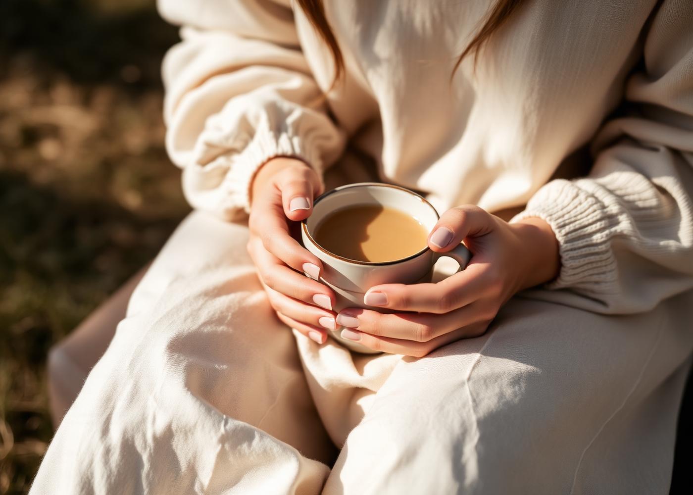 Hands holding a warm ceramic mug in morning light