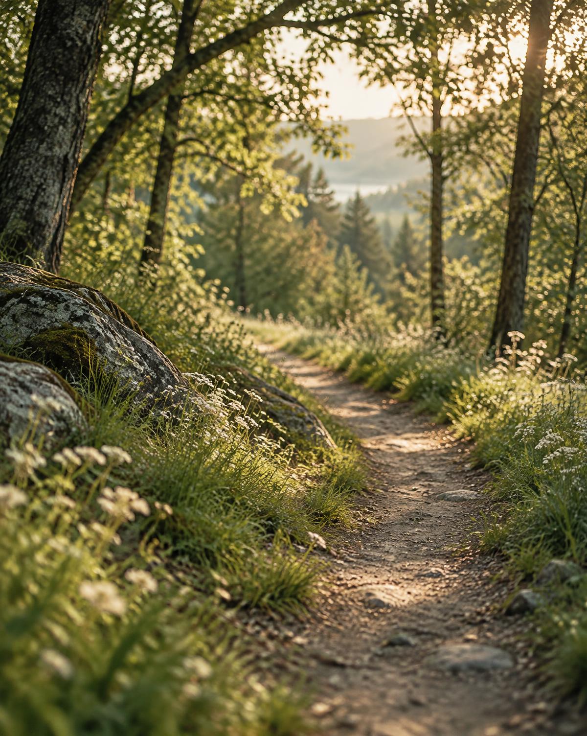 A quiet woodland path in soft, warm sunlight